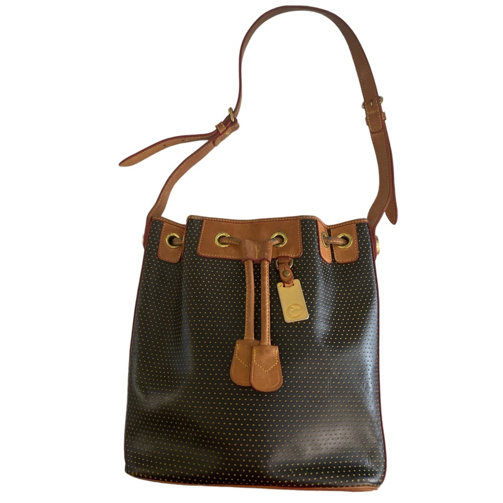 Vintage Dooney & Bourke Perforated Leather Black Tan Drawstring Bucket Bag
